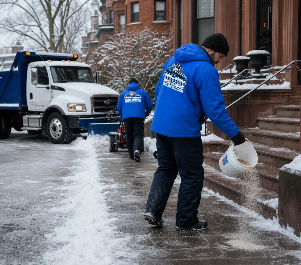 Crew clearing a Boston residential driveway and sidewalk after an overnight snowfall and applying salt near the entry