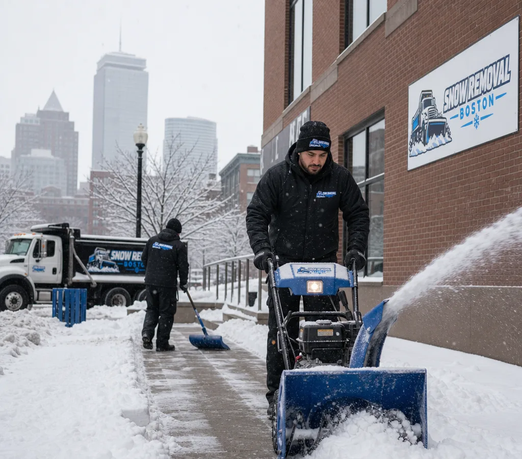 Crew clearing fresh snow from a Boston sidewalk and building entry with a shovel and snow blower