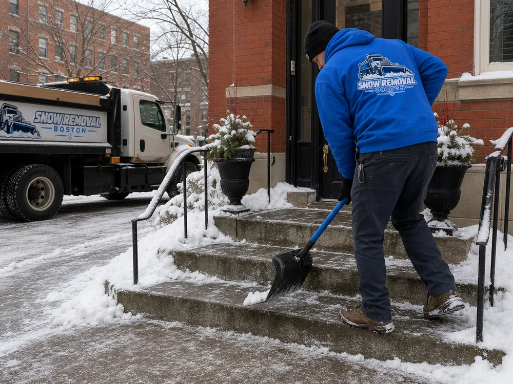 Shoveled Boston building entry with cleared steps, landing, and a lightly salted pedestrian path