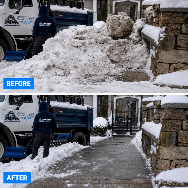 Dense street-plow berm being cleared from a driveway apron to restore access
