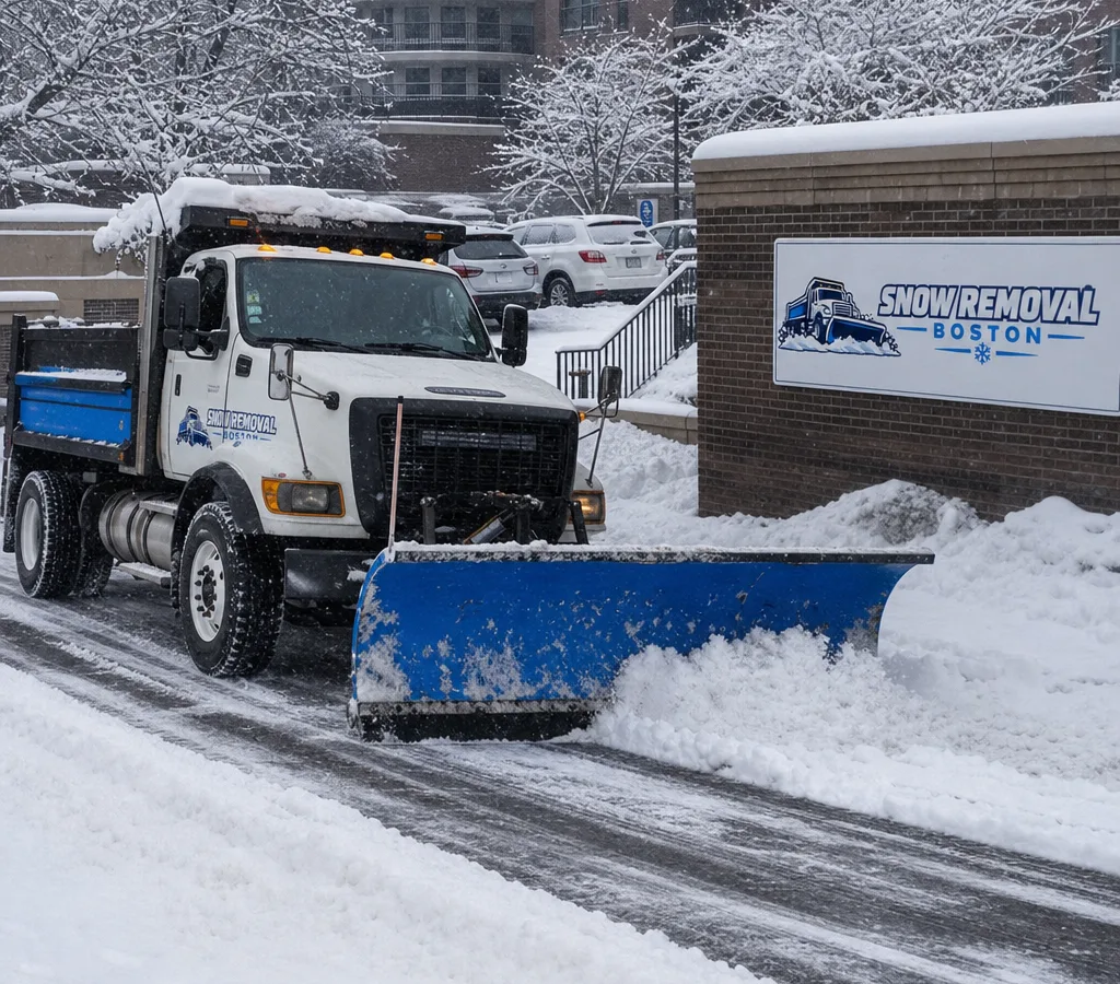 Plow truck carefully clearing an urban Boston driveway entrance after overnight snowfall