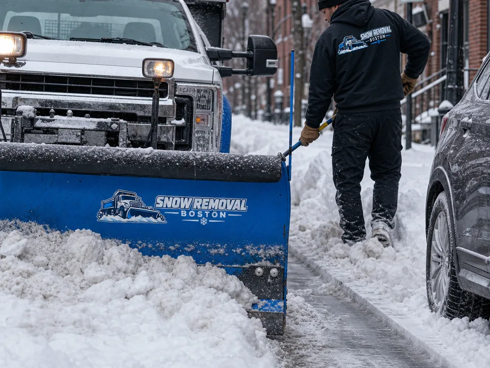 Plow blade making a clean pass along a Boston neighborhood curb with a safe buffer from parked cars