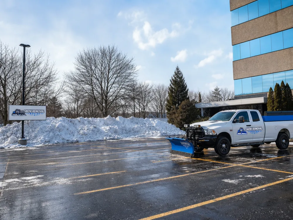 Commercial parking lot with open travel lanes and snow stacked away from entrances and sight lines