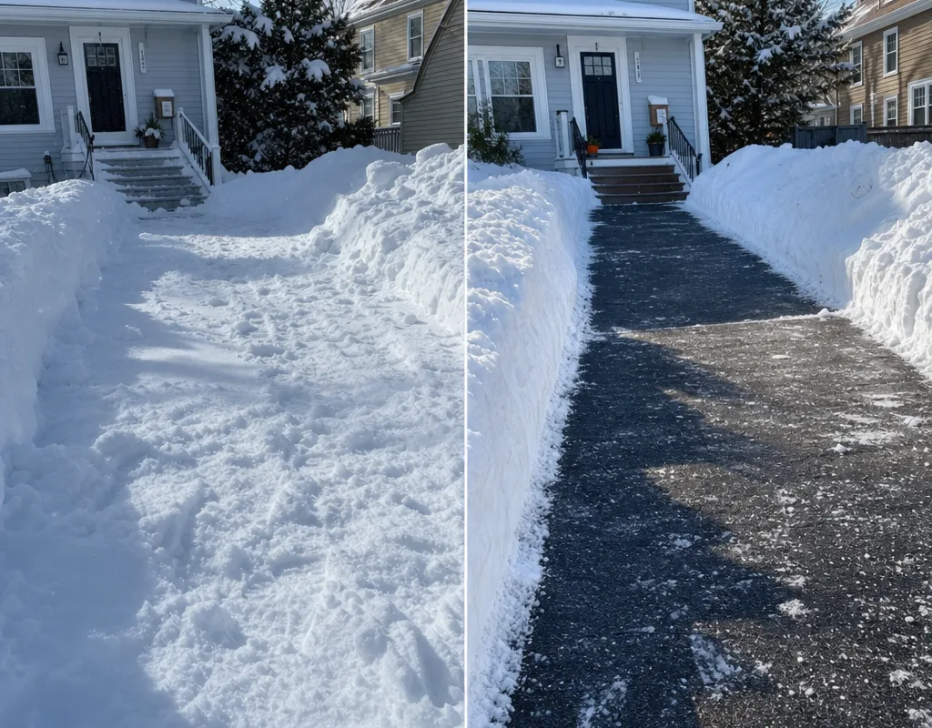 Before-and-after view of a snowed-in Boston driveway and its fully cleared drive lane
