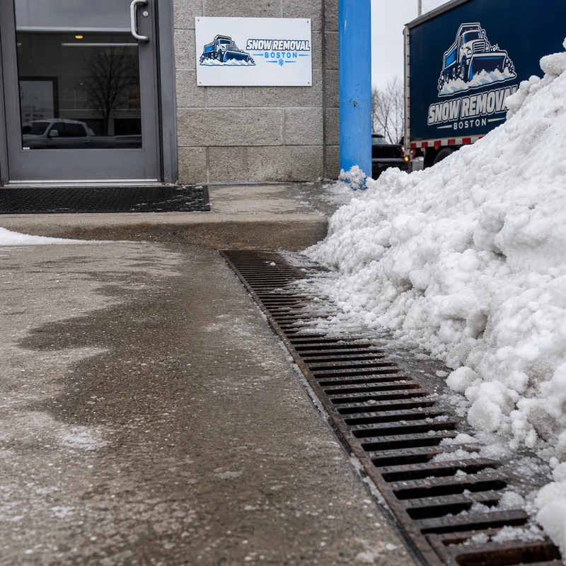 Cleared parking lot corner with snow stacked away from doors, ramps, and drainage grates