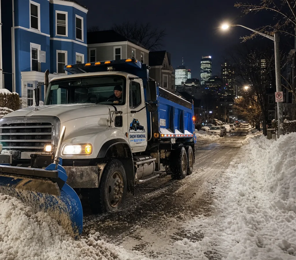 A plow truck clearing a Boston residential street at night with visible snowbanks
