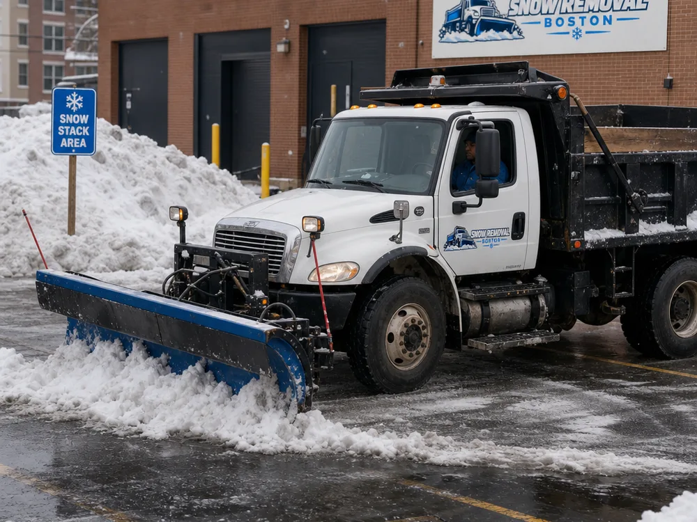 A plow clearing a small Boston commercial lot with planned snow stacks away from entrances and drainage grates
