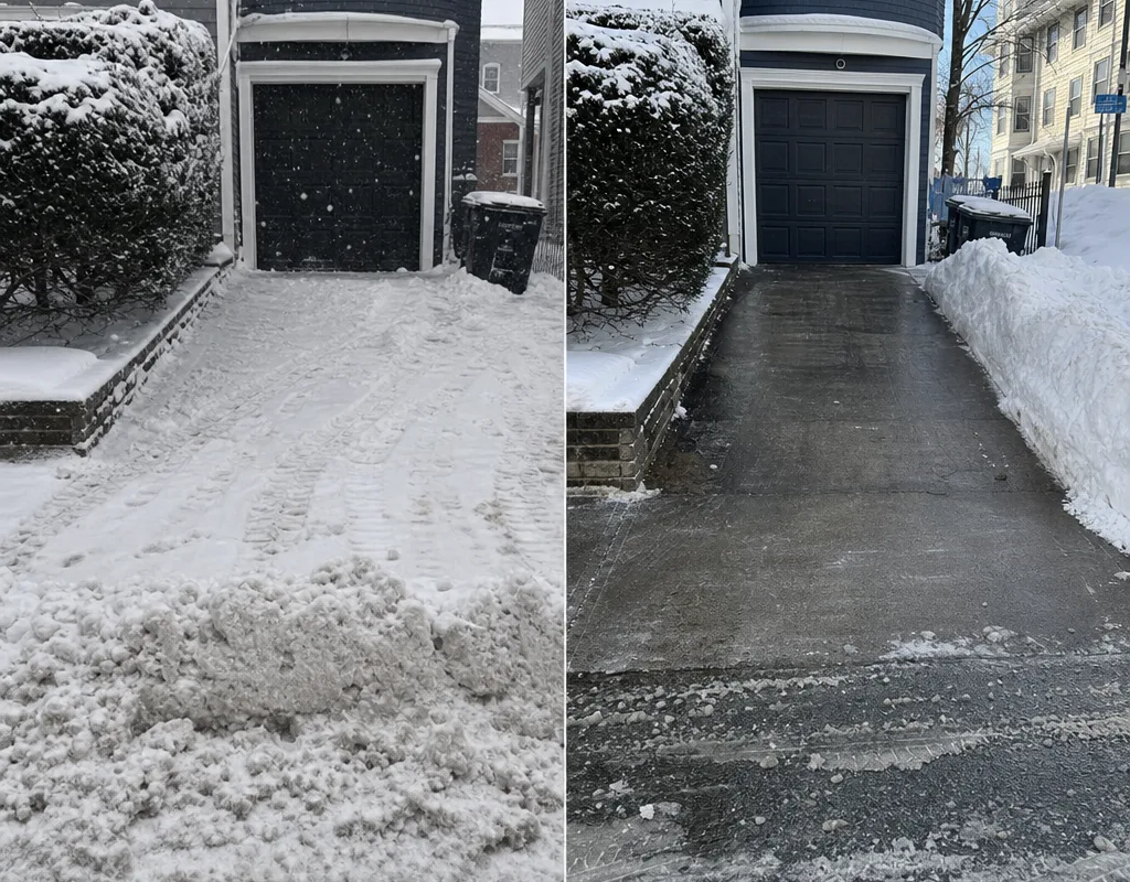 Before-and-after view of a South Boston driveway apron blocked by a plow ridge and then cleared with snow stacked neatly to one side