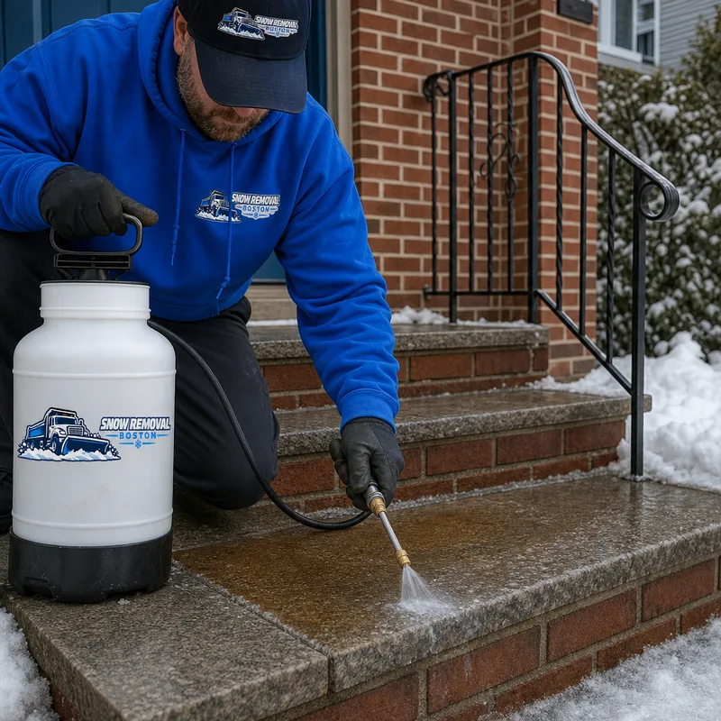 Targeted de-icing treatment on steps and a small landing focused on the main foot-traffic areas