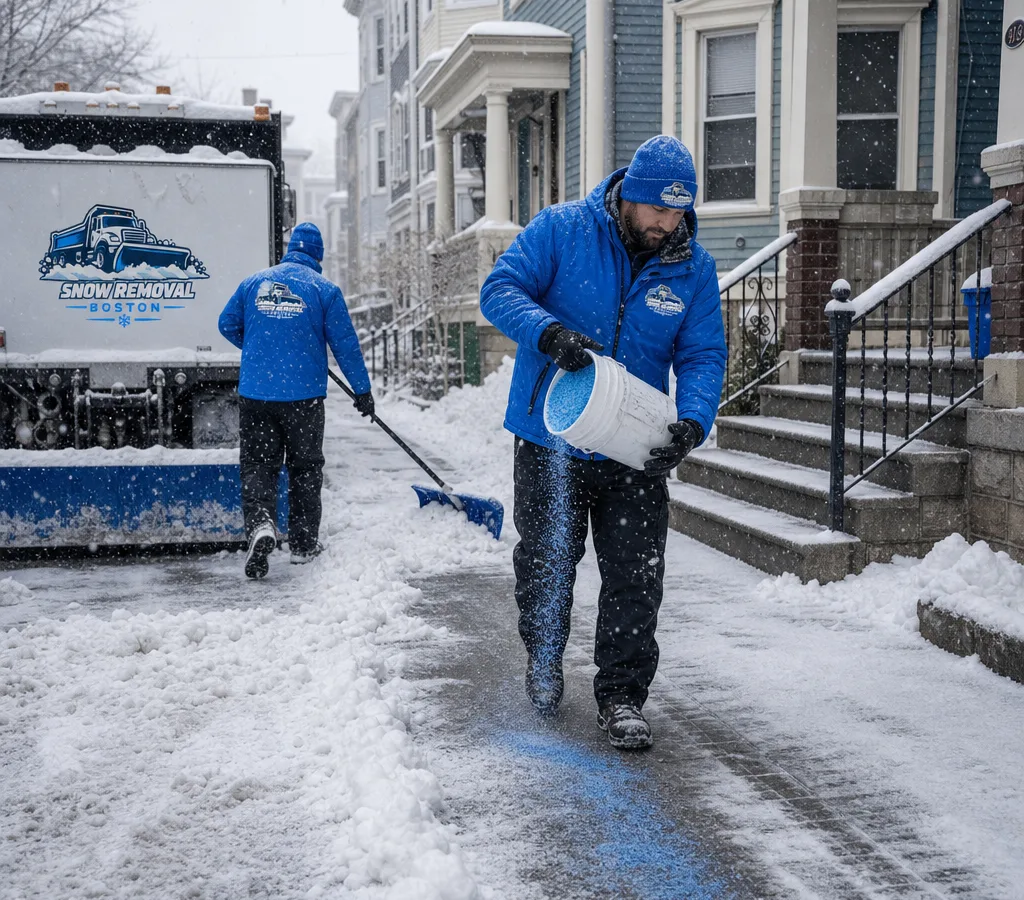 Crew clearing a South Boston sidewalk and short driveway beside triple-decker homes during active snowfall, with salt applied along the walking path