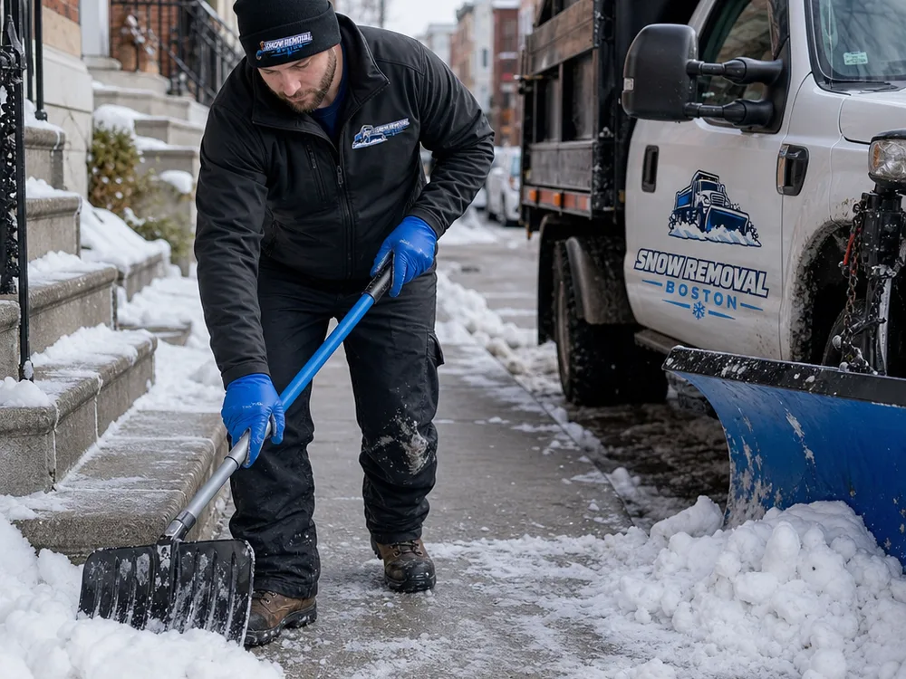 Cleared South Boston sidewalk and front steps with a plow ridge at the curb cut being broken down and removed