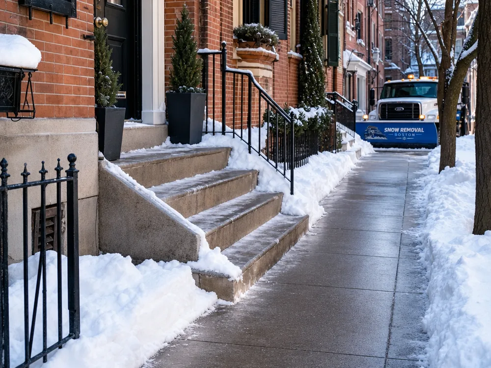Cleared sidewalk frontage along South Boston homes with a consistent walking path, clean curb cuts, and steps cleared to the doors
