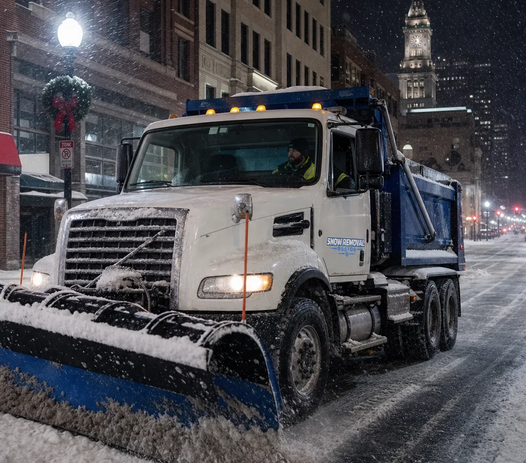Snowplow truck operating at night on a Boston street during active snowfall, with the driver visible through the windshield