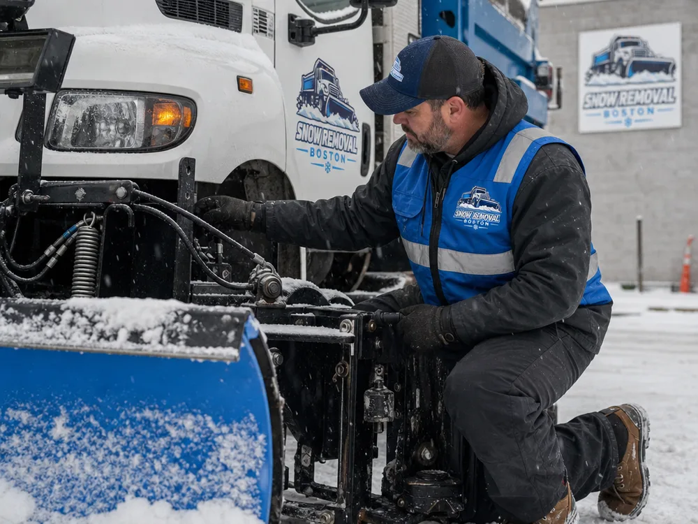 Plow operator performing a pre-shift walkaround and checking plow pins, hydraulic lines, and lights in a snowy Boston lot