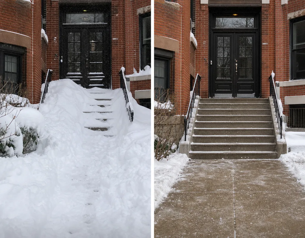 Boston multi-family entry before and after shoveling, edging, and light traction treatment