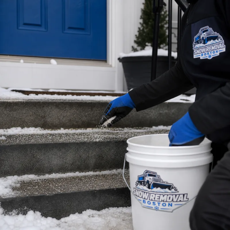 Close-up of a scraped stair tread and landing with clean edges and an even application of de-icer