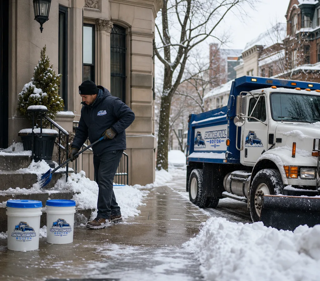 Crew member shovel-clearing a Boston front stoop and sidewalk after snowfall, with salt buckets and a cleared path to the entry