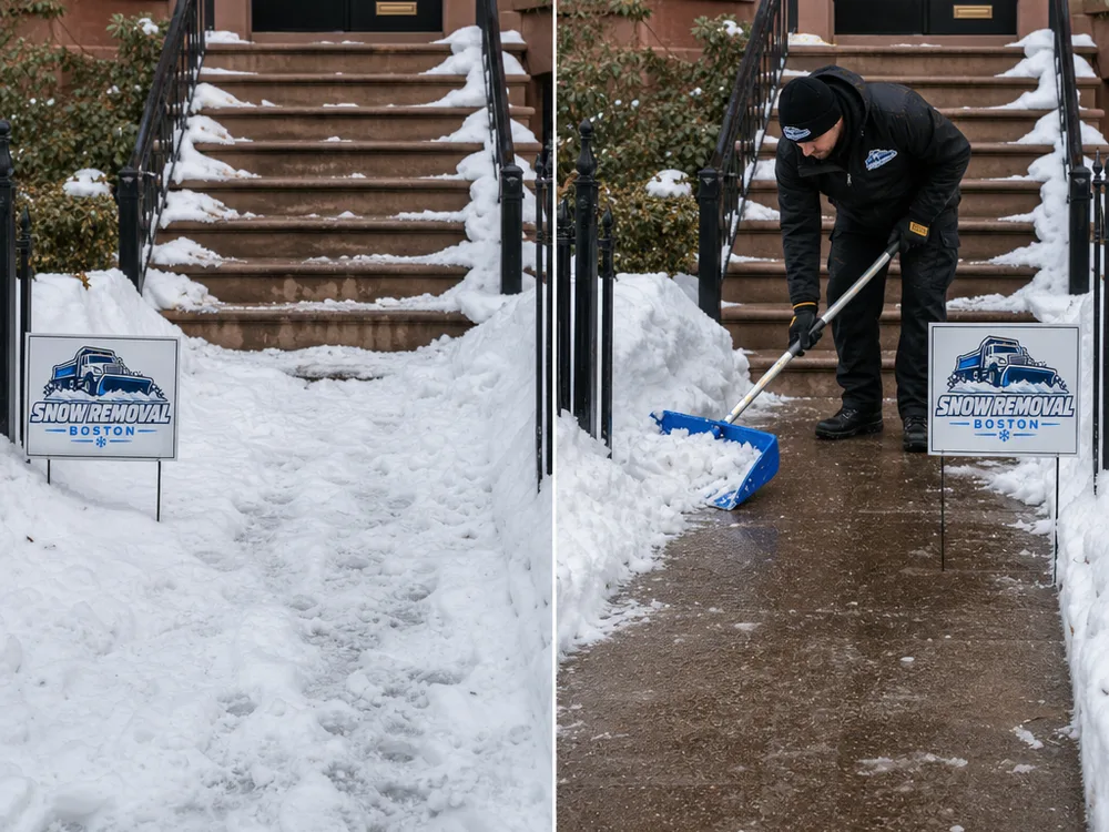 Shoveled Boston brownstone stoop and sidewalk with a cleared and treated walking path beside remaining snow buildup