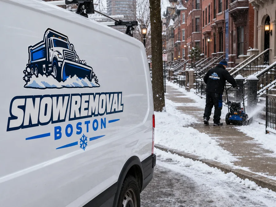 Technician using a snow blower along a narrow Boston sidewalk and front steps