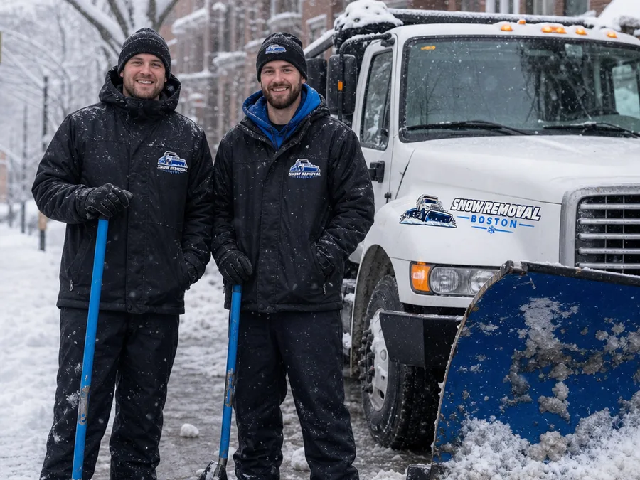 Two-person snow crew standing beside their equipment on a Boston neighborhood street